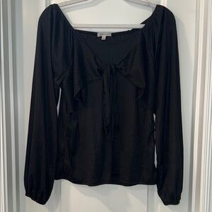 White Birch Black Ribbed Long Sleeve Top with Tie